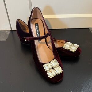 Zara Burgundy Velvet Mary Jane Flats with Crystal Buckle